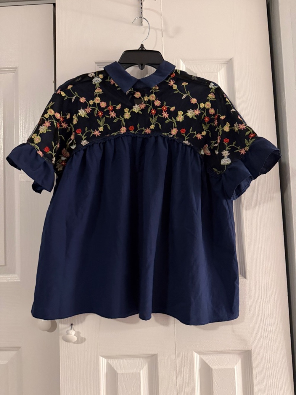Navy Blue Floral Embroidered Babydoll Top, L